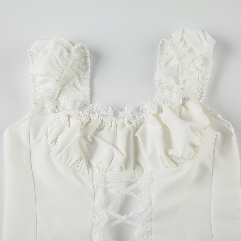Cap sleeve lace hem lace up ruched top