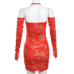 Halter gloves print ruched backless mini dress  | red tango dress
