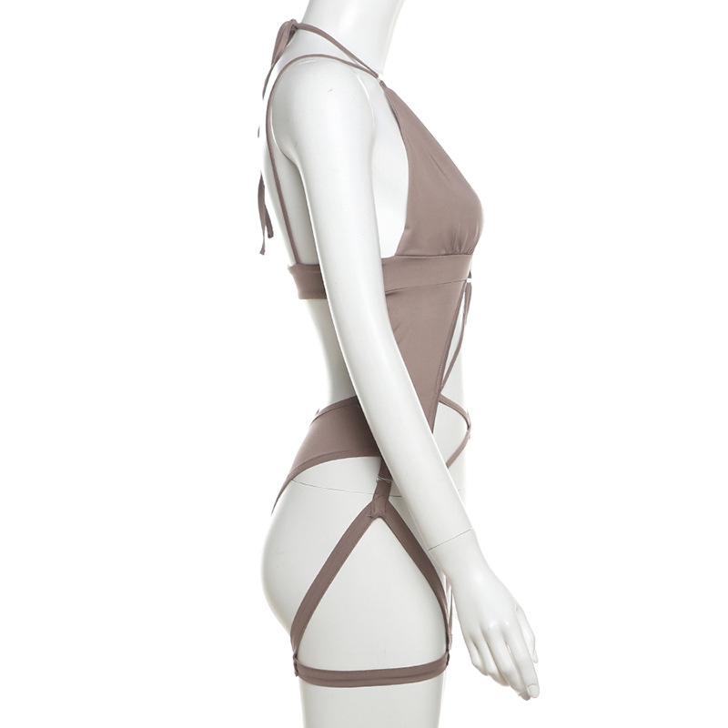 V neck cross front hollow out solid cami bodysuit