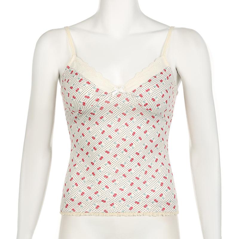 V neck cherry print bowknot lace hem polka dot cami top