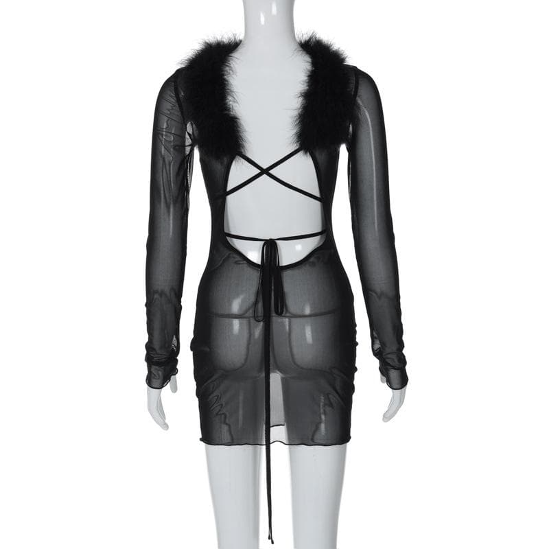 Long sleeve sheer mesh feather ruffle backless mini dress  | samba dress