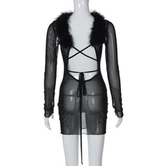 Long sleeve sheer mesh feather ruffle backless mini dress  | samba dress