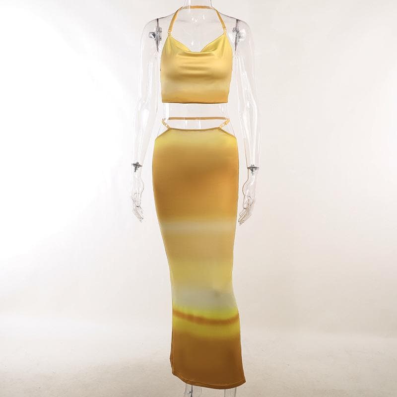 Halter contrast gradient hollow out cowl neck midi skirt set