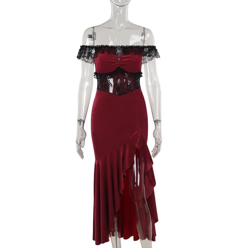 Off shoulder lace hem slit velvet metal applique ruched maxi dress  | red tango dress
