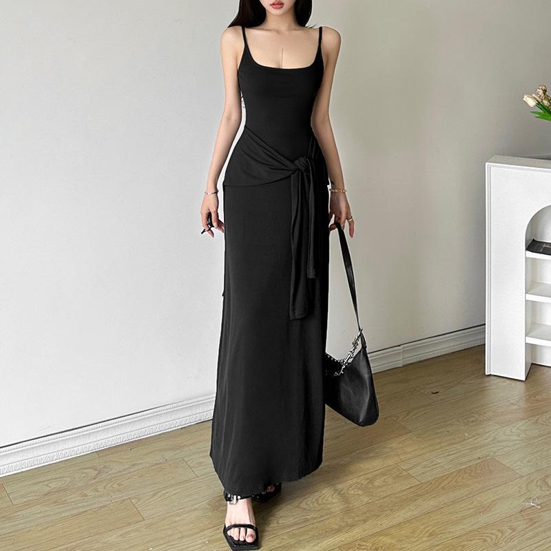 U neck knotted solid backless cami maxi dress