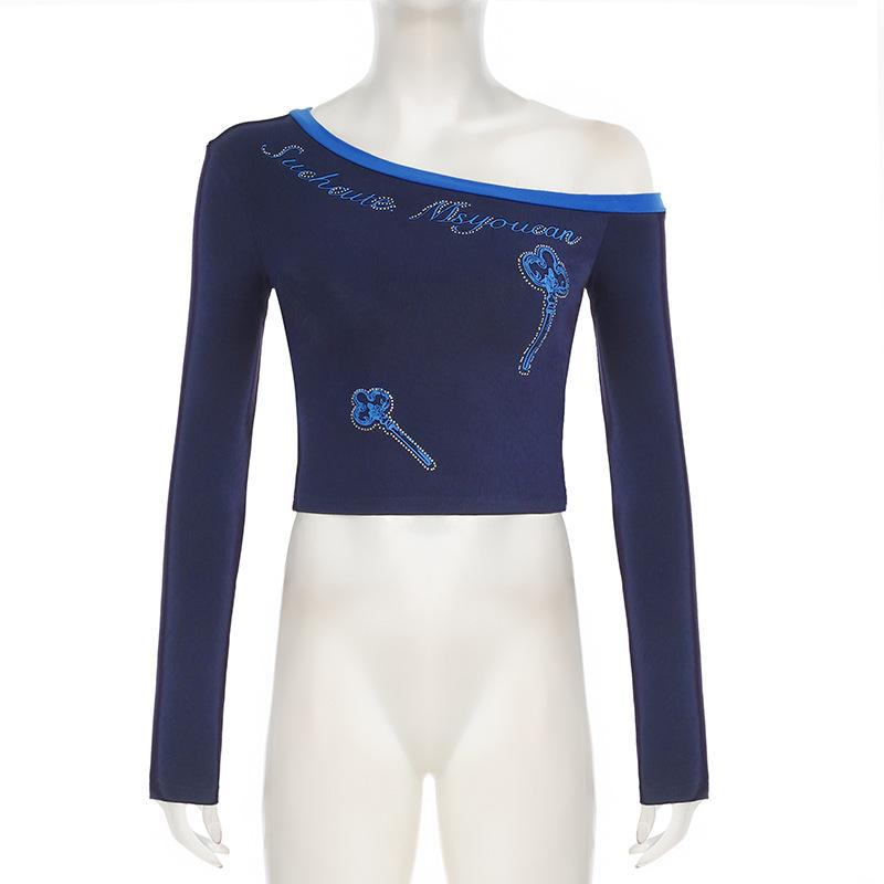 Long sleeve off shoulder beaded letter pattern top