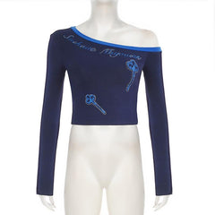 Long sleeve off shoulder beaded letter pattern top