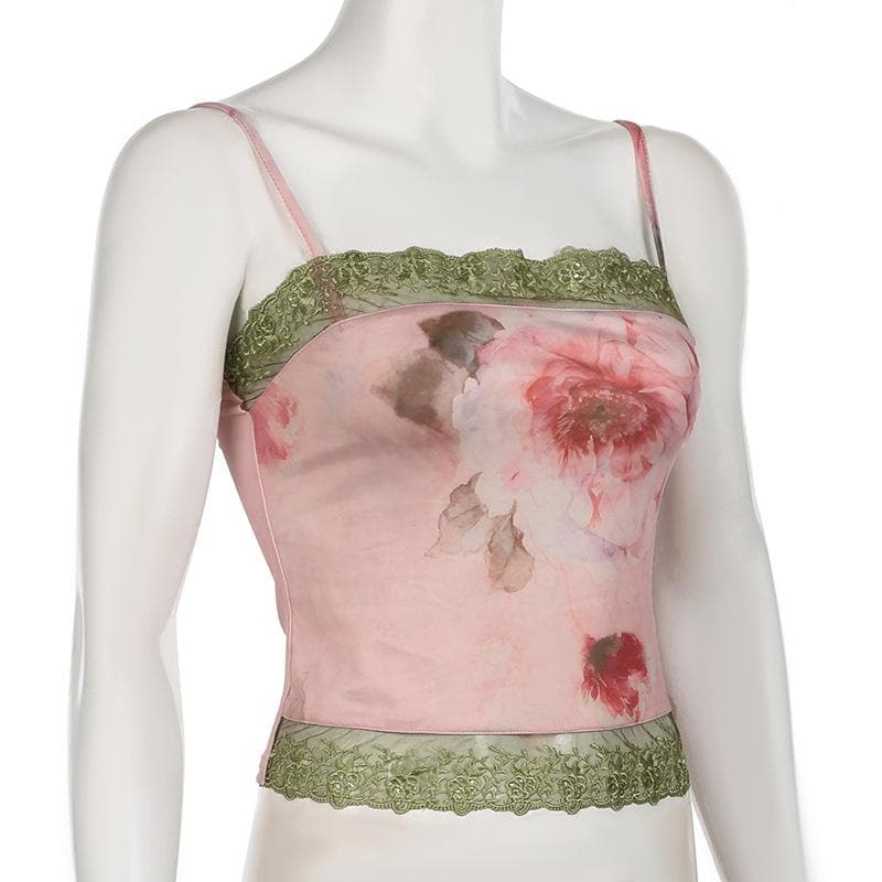 Lace hem flower print backless cami top