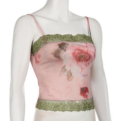 Lace hem flower print backless cami top