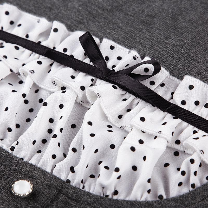 Ruffle polka dot patchwork button long sleeve contrast top