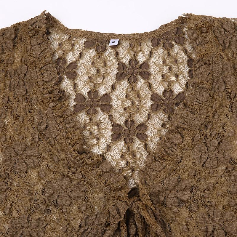 Long sleeve lace self tie crop top
