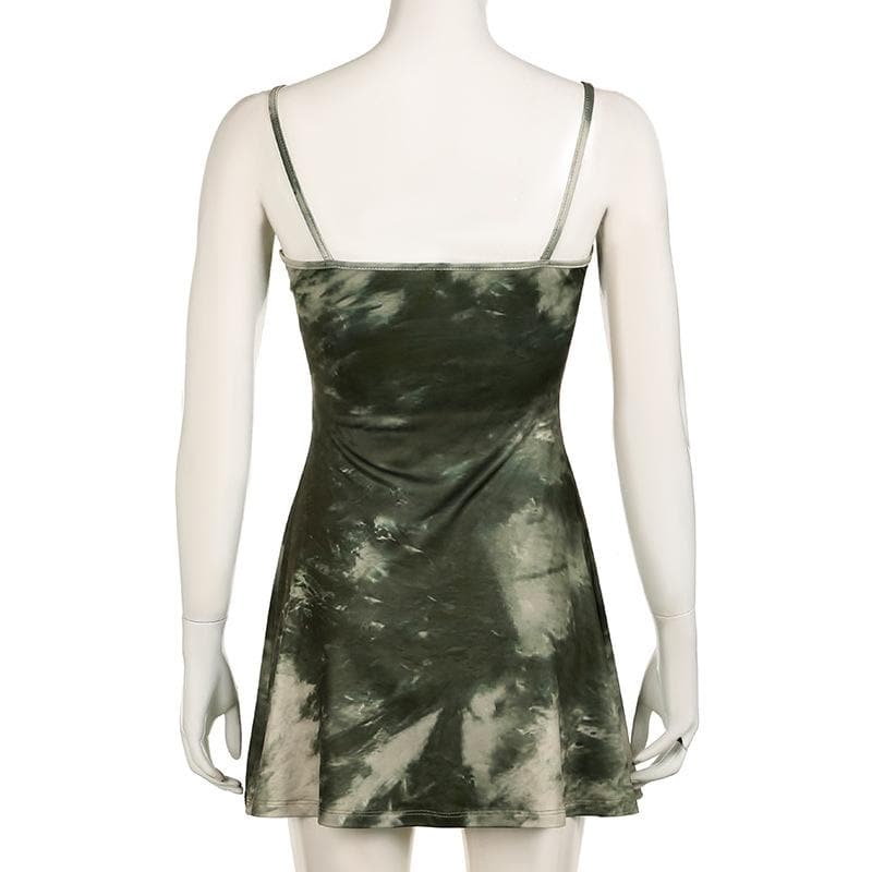 Tie dye lace hem bowknot v neck cami mini dress
