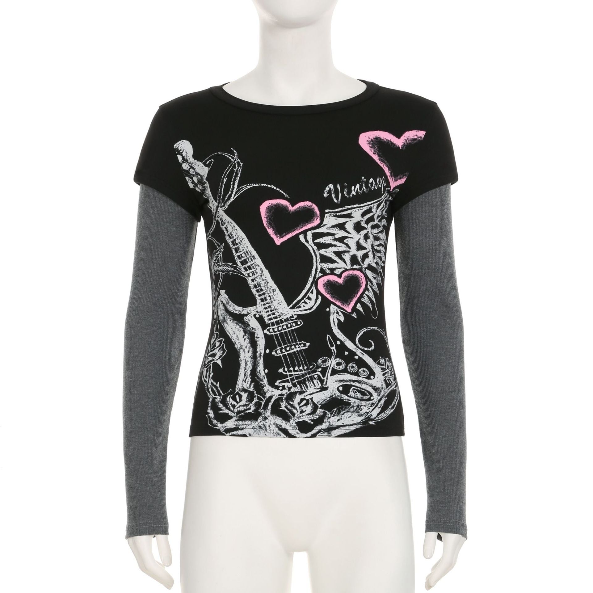 Long sleeve crewneck abstract print patchwork top