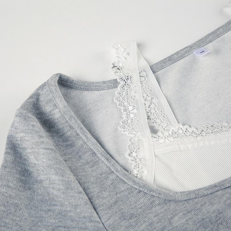 U neck long sleeve lace hem drawstring 2 piece top