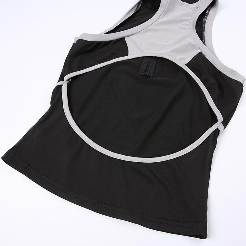 High neck contrast sleeveless zip-up hollow out backless cut out top