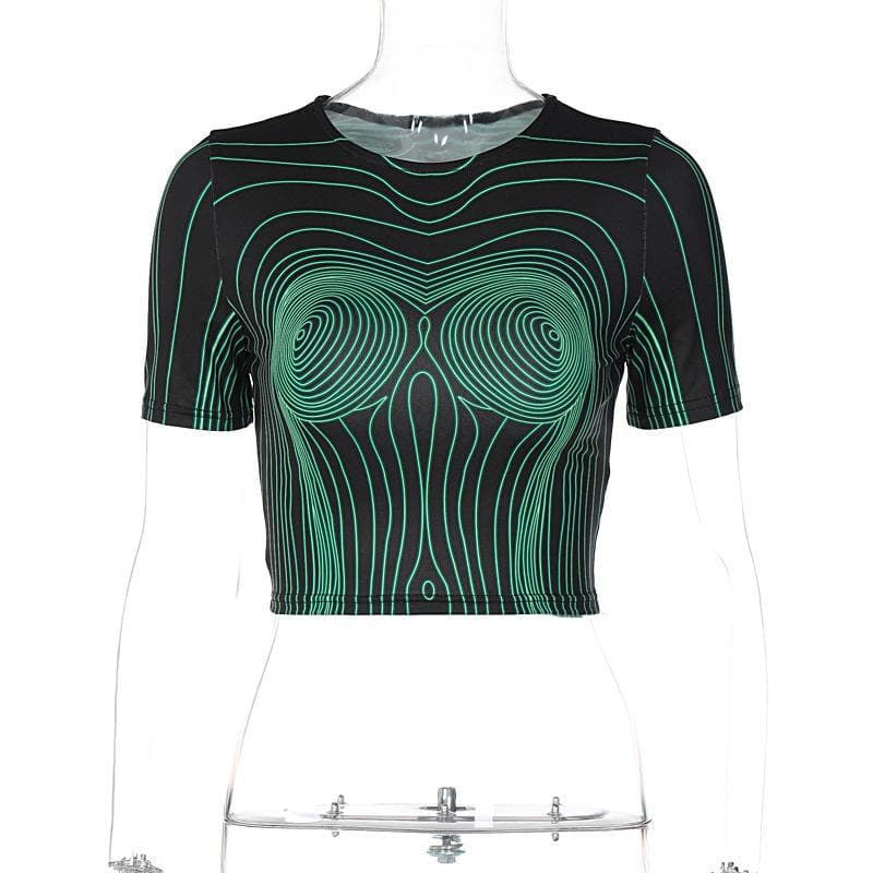 Short sleeve round neck contrast abstract print crop top