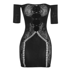 Short sleeve hollow out off shoulder fishnet cut out mini dress