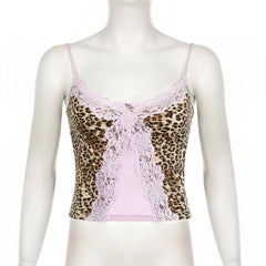 Leopard print lace hem patchwork cami top