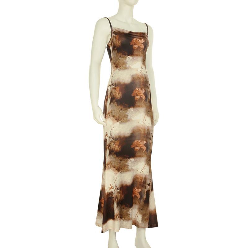Square neck contrast flower print cami maxi dress