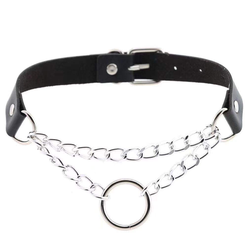 PU leather rivet o ring metal chain necklace