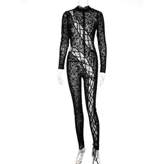 Lace up irregular solid long sleeve zip-up jumpsuit