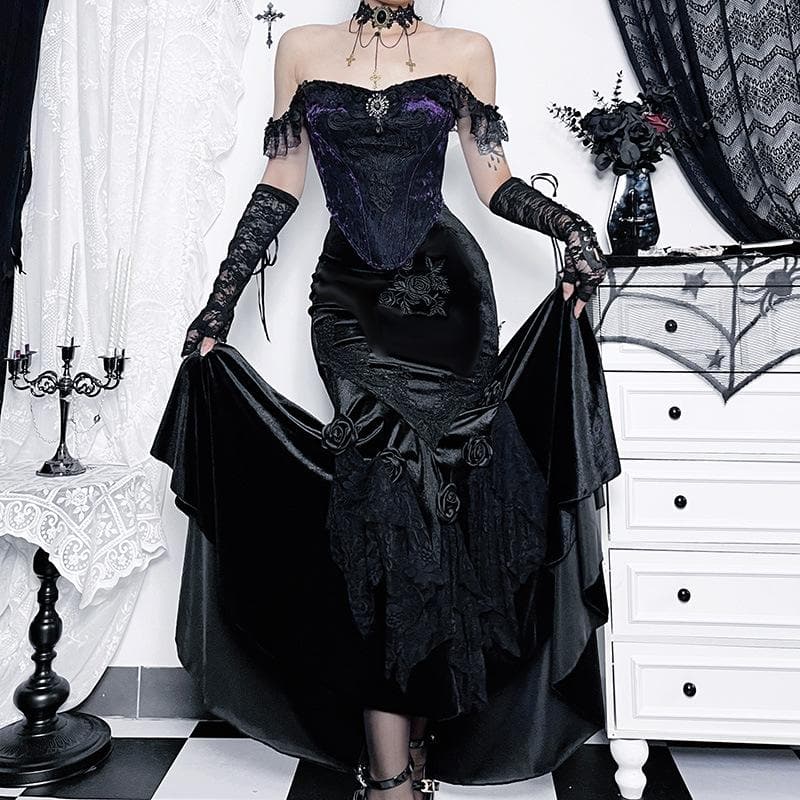 Velvet embroidery flower applique lace hem ruched maxi skirt