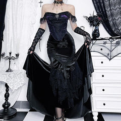 Velvet embroidery flower applique lace hem ruched maxi skirt
