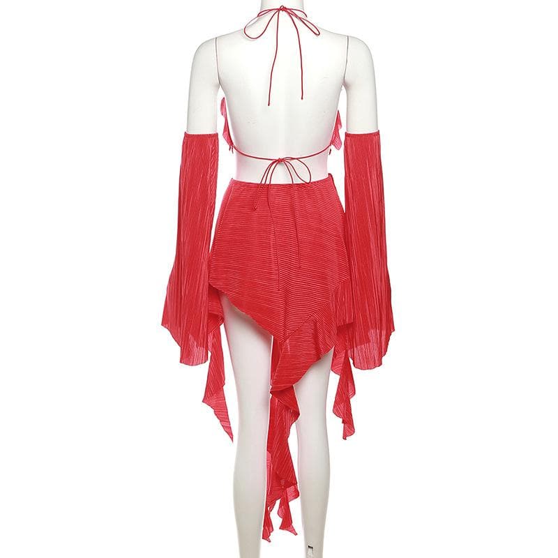 Textured gloves ruffle solid hollow out halter backless mini dress  | red tango dress