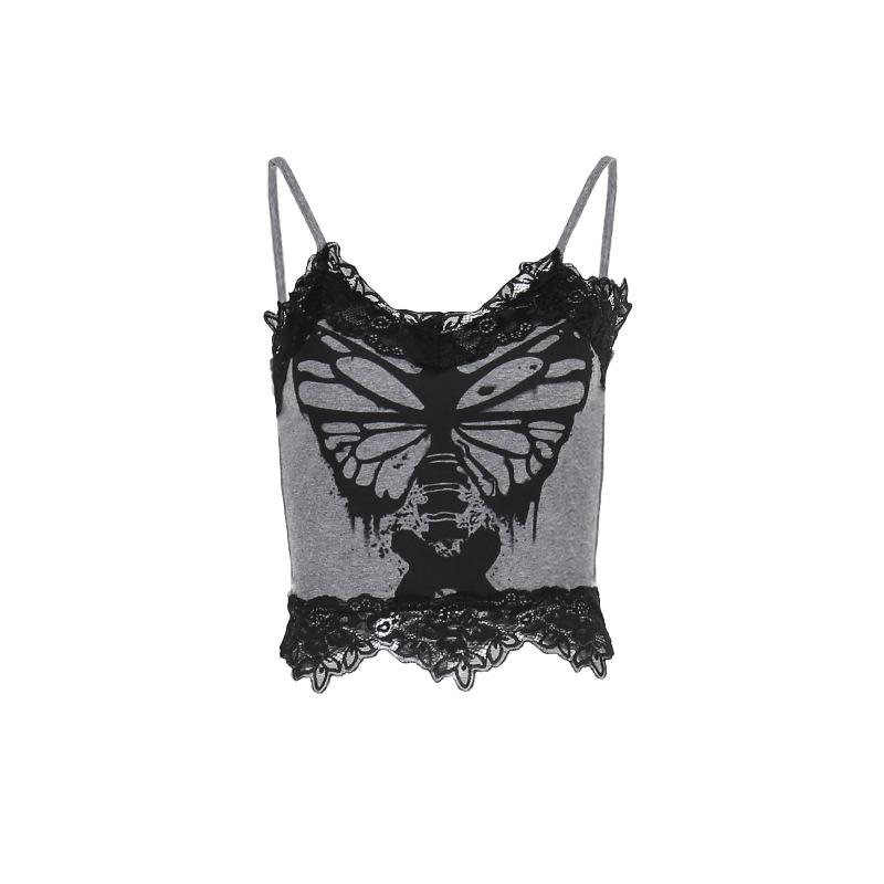 Butterfly print lace hem cami top