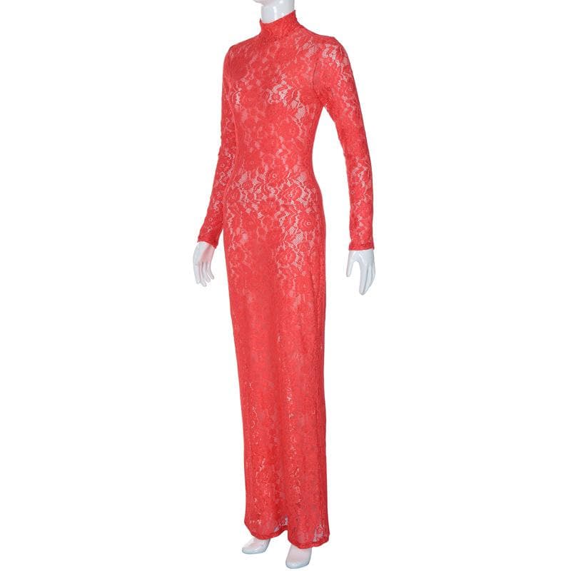 Long sleeve high neck see through lace maxi dress  | red tango dress