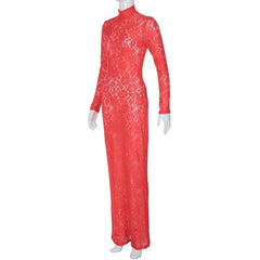 Long sleeve high neck see through lace maxi dress  | red tango dress
