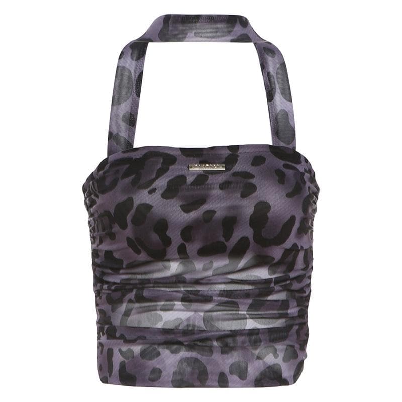 Halter metal tag leopard print sheer mesh top
