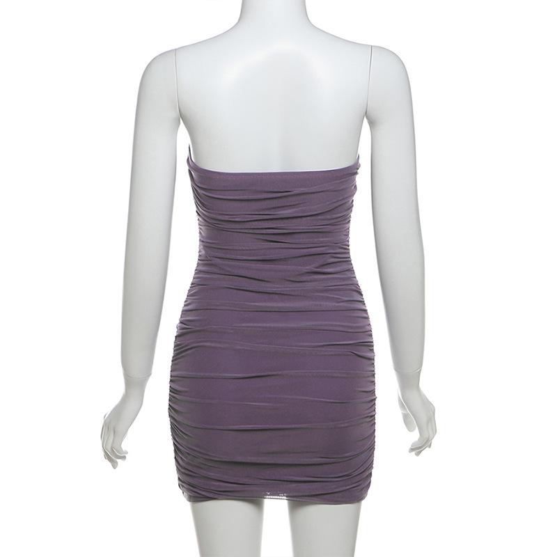 V neck ruched solid mesh tube mini dress