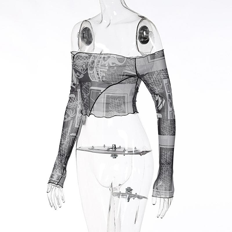 Sheer mesh see through off shoulder stitch contrast crop top