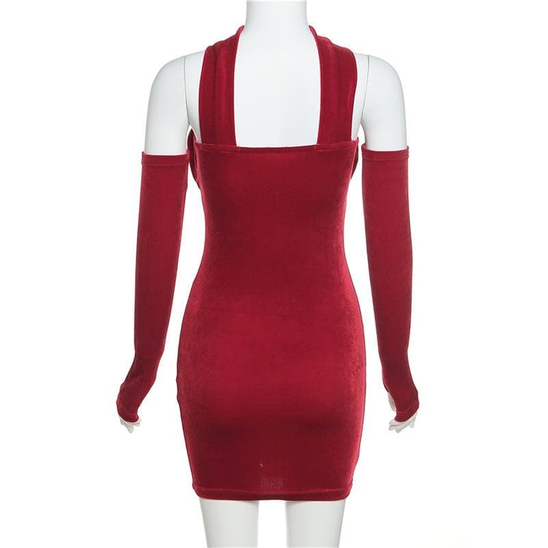 Velvet solid ruched gloves halter mini dress  | red tango dress