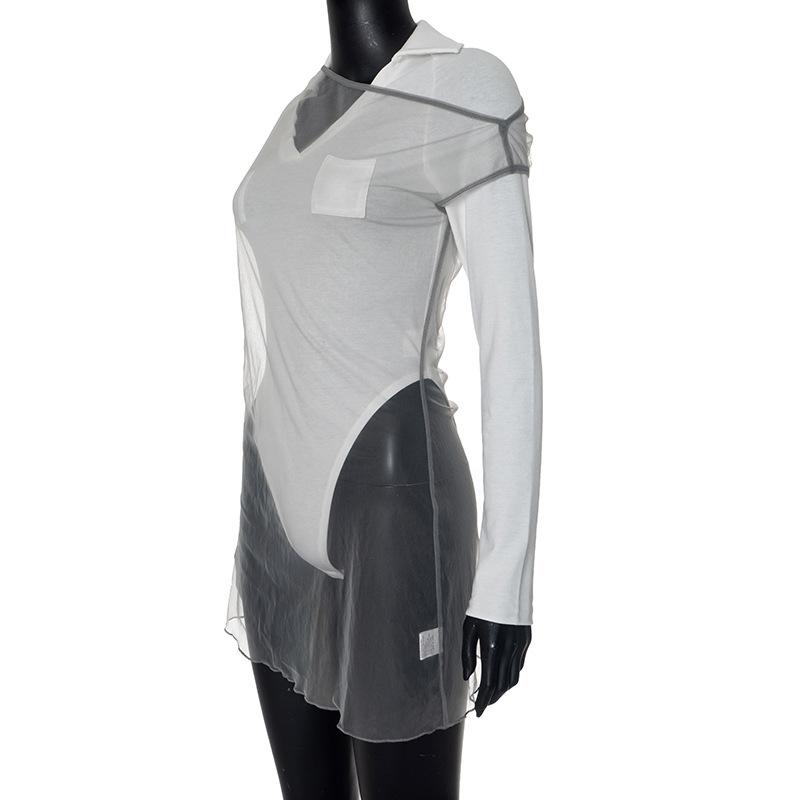 Turnover collar long sleeve mesh 2 piece top