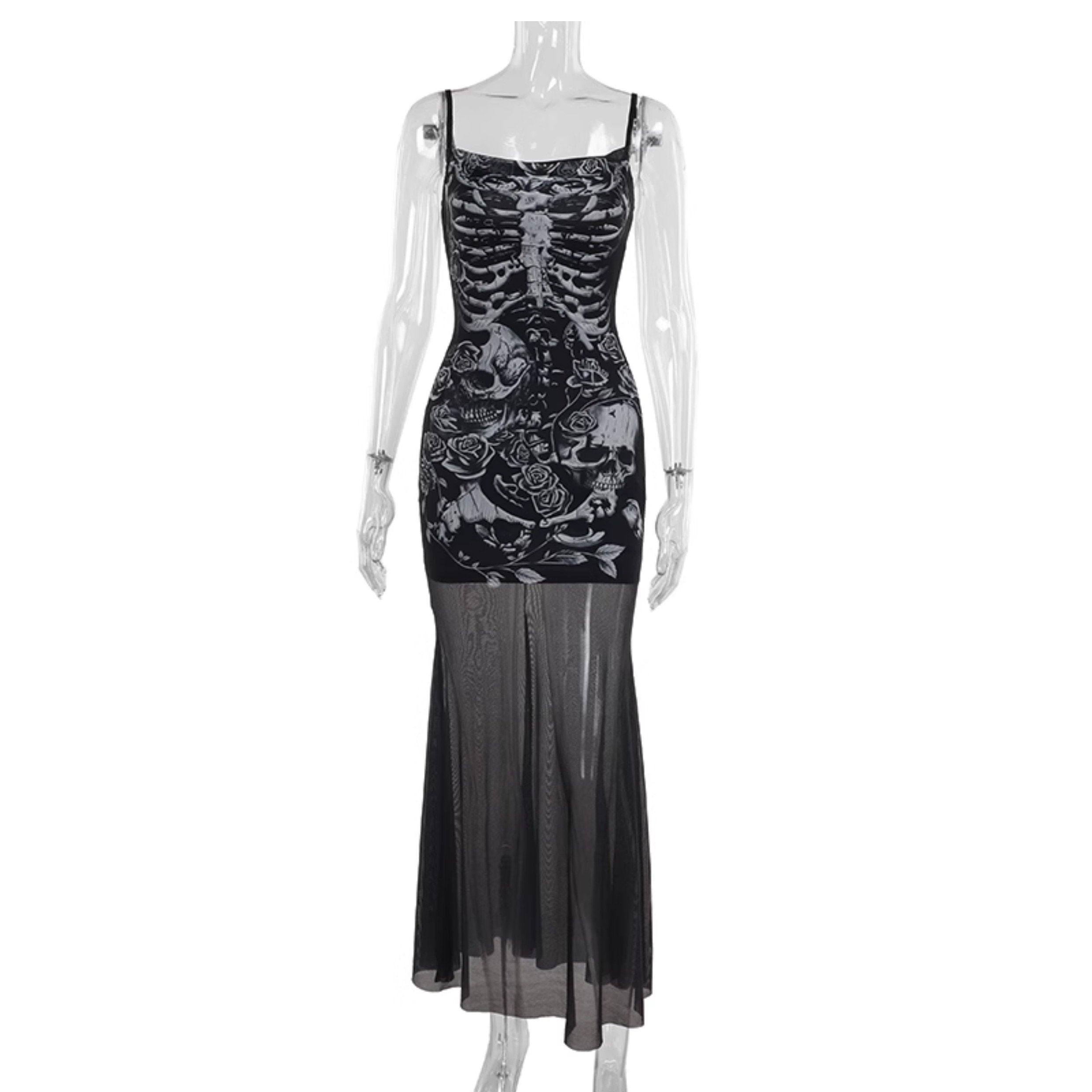 Human skeleton print mesh cami maxi dress