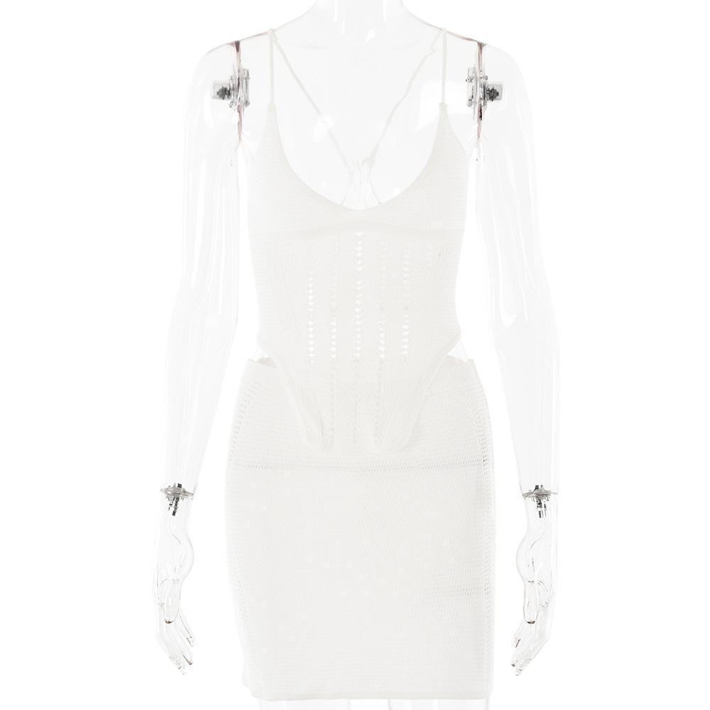 V neck knitted cross back backless cami mini skirt set