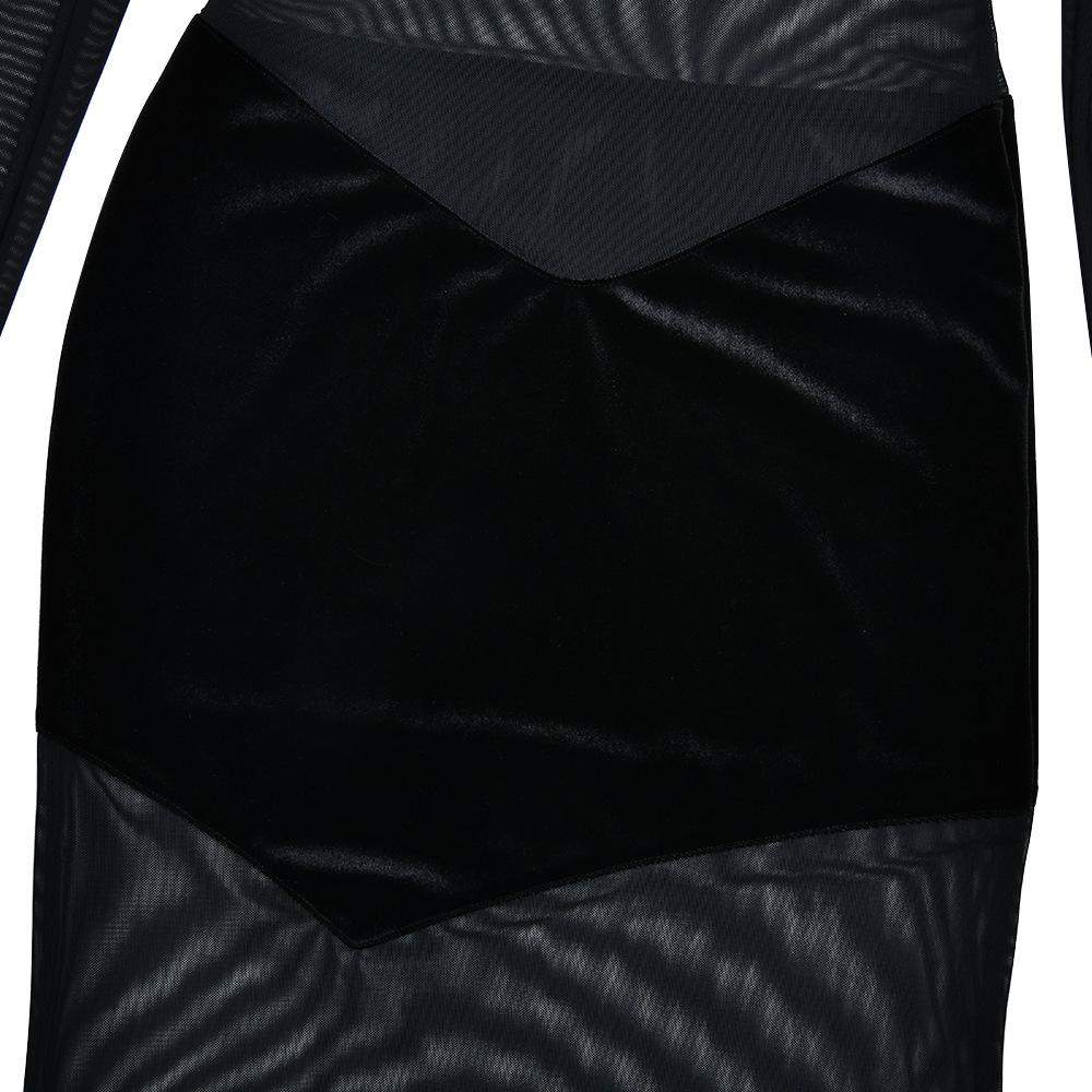 High neck long sleeve mesh patchwork velvet maxi dress