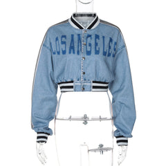 Long sleeve denim letter print patchwork button top