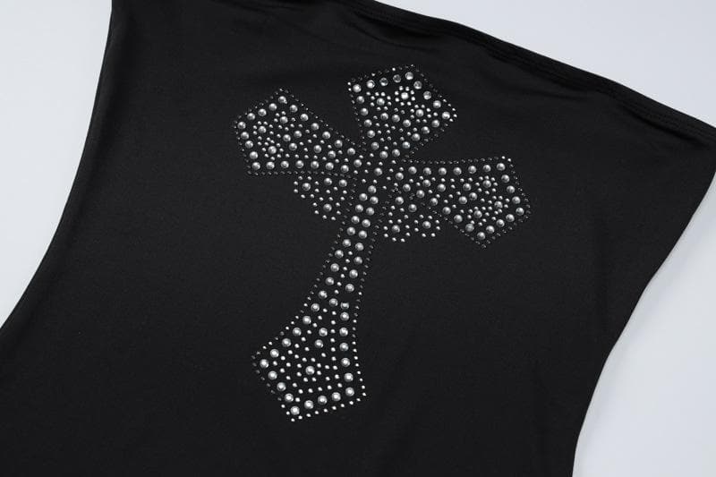 Cross pattern beaded backless tube mini dress  | black rave dress