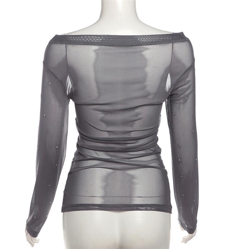 Off shoulder long sleeve beaded sheer mesh solid top