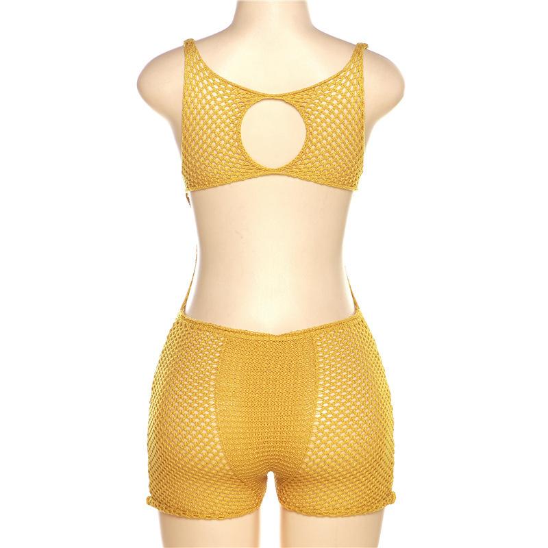 Knitted hollow out backless solid romper