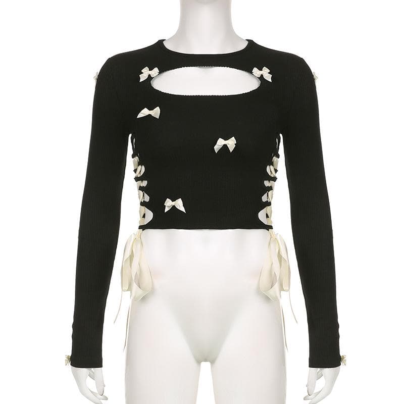 Bowknot long sleeve hollow out lace up contrast cut out top
