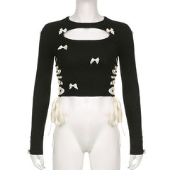 Bowknot long sleeve hollow out lace up contrast cut out top