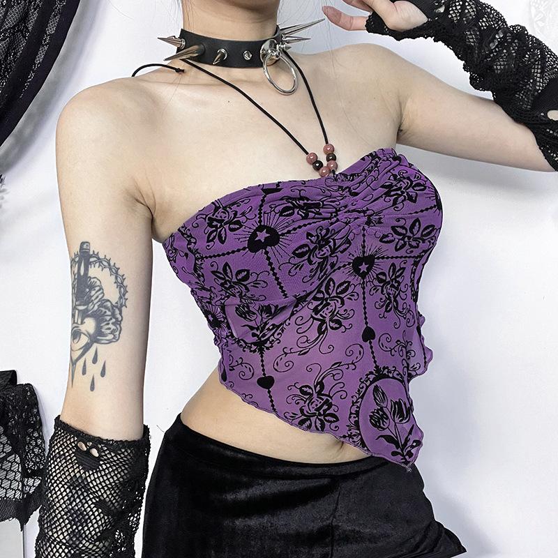 Halter drawstring ruched beaded mesh print top