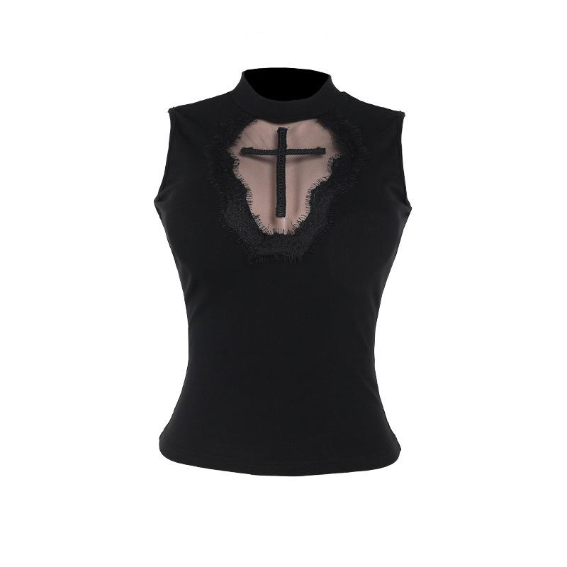 Sleeveless crewneck cross pattern solid top