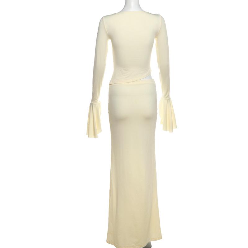 Long flared sleeve ruched maxi skirt set