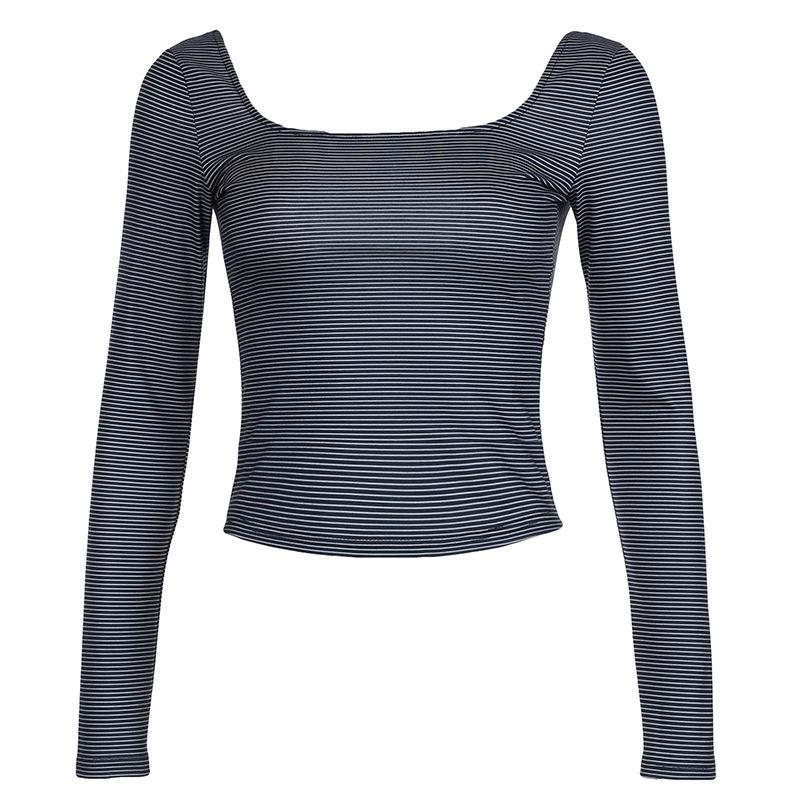 Long sleeve u neck striped backless top