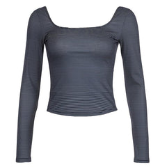 Long sleeve u neck striped backless top